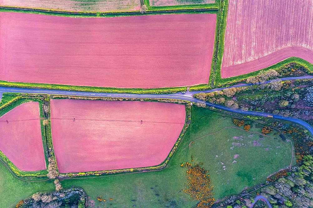 Top Down over Fields and Farmlands over English Village, Devon, England, United Kingdom, Europe