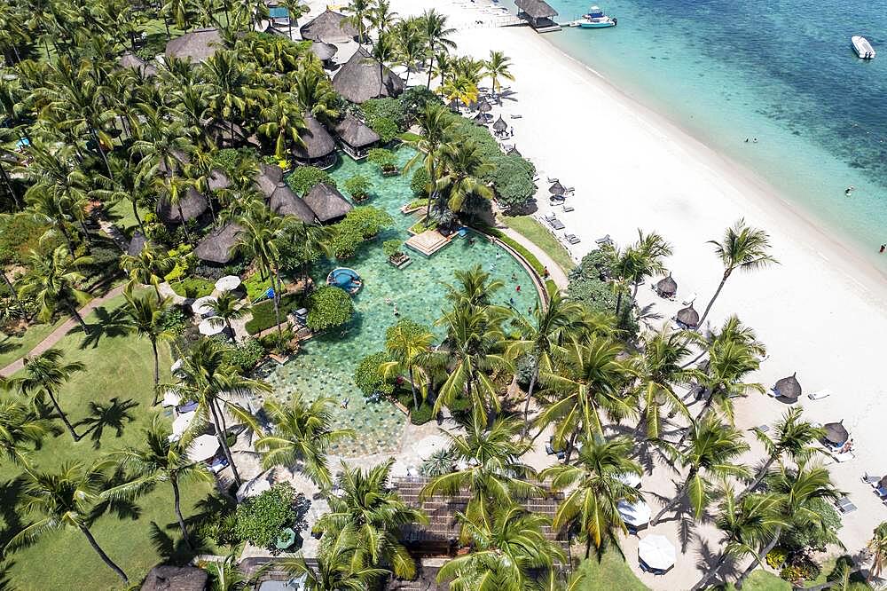 Aerial view The beach of Flic en Flac with luxury hotel and palm trees, Mauritius, Africa