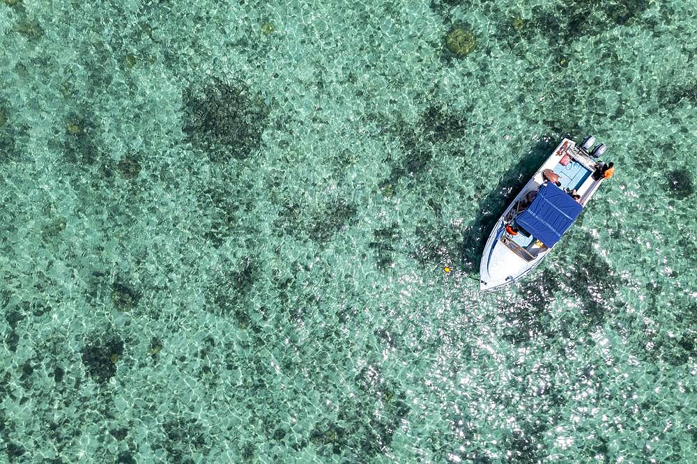 Aerial view, reefs of Flic en Flac beach with excursion boat, Mauritius, Africa