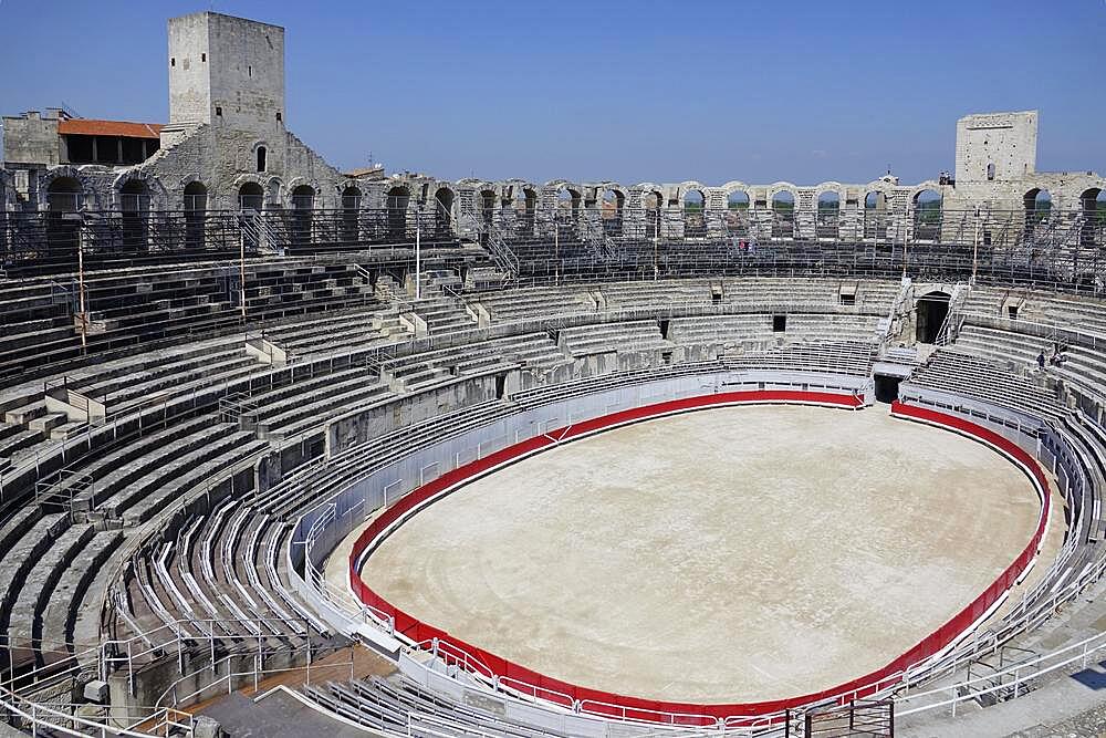 Roman arena amphitheatre with preserved medieval towers, Arles, Bouches-du-Rhone department, Provence Alpes Cote d'Azur region, France, Mediterranean Sea, Europe