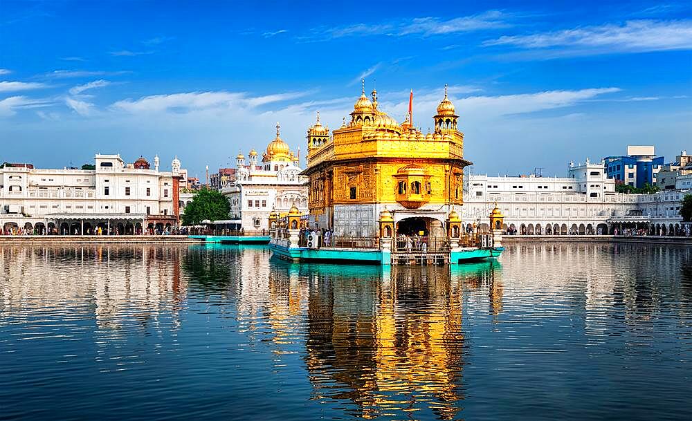 Panorama of Sikh gurdwara Golden Temple (Harmandir Sahib) and water tank. Amritsar, Punjab, India, Asia