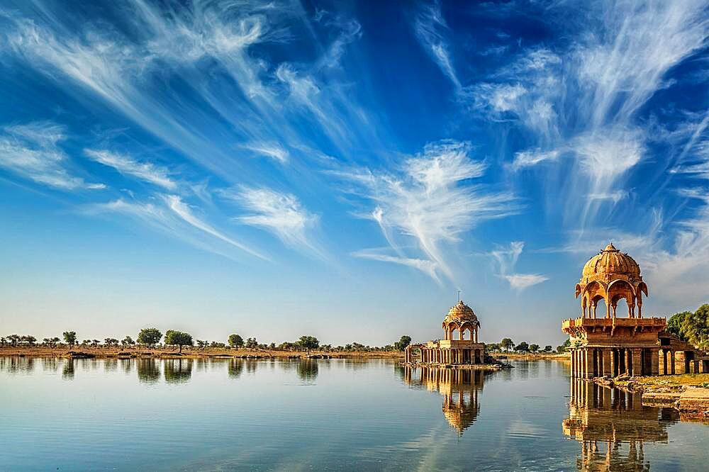 Indian landmark Gadi Sagar, artificial lake. Jaisalmer, Rajasthan, India, Asia