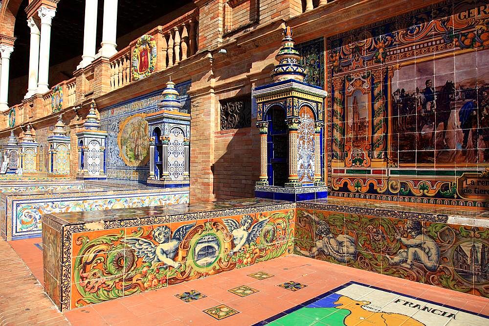 City of Seville, at the Plaza de Espana, the Spanish Square, partial view, ornaments made of tiles, details of ornamentation, Andalusia, Spain, Europe