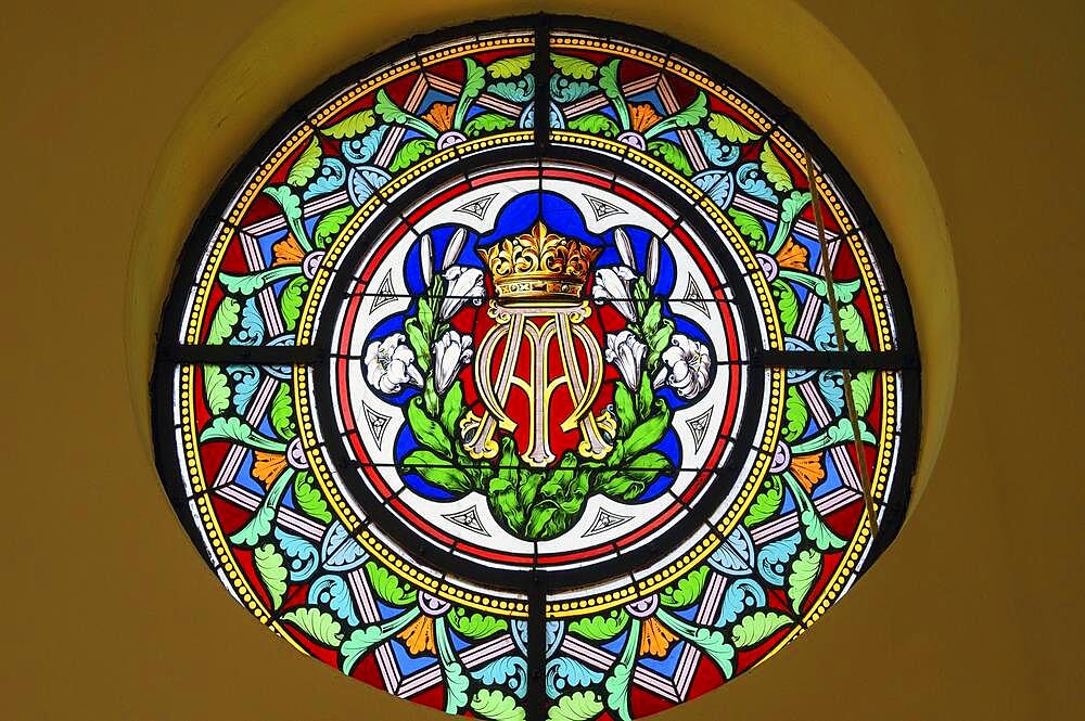 Lourdes Chapel from 1895, colourful window with floral motifs, Oberstaufen, Allgaeu, Bavaria, Germany, Europe