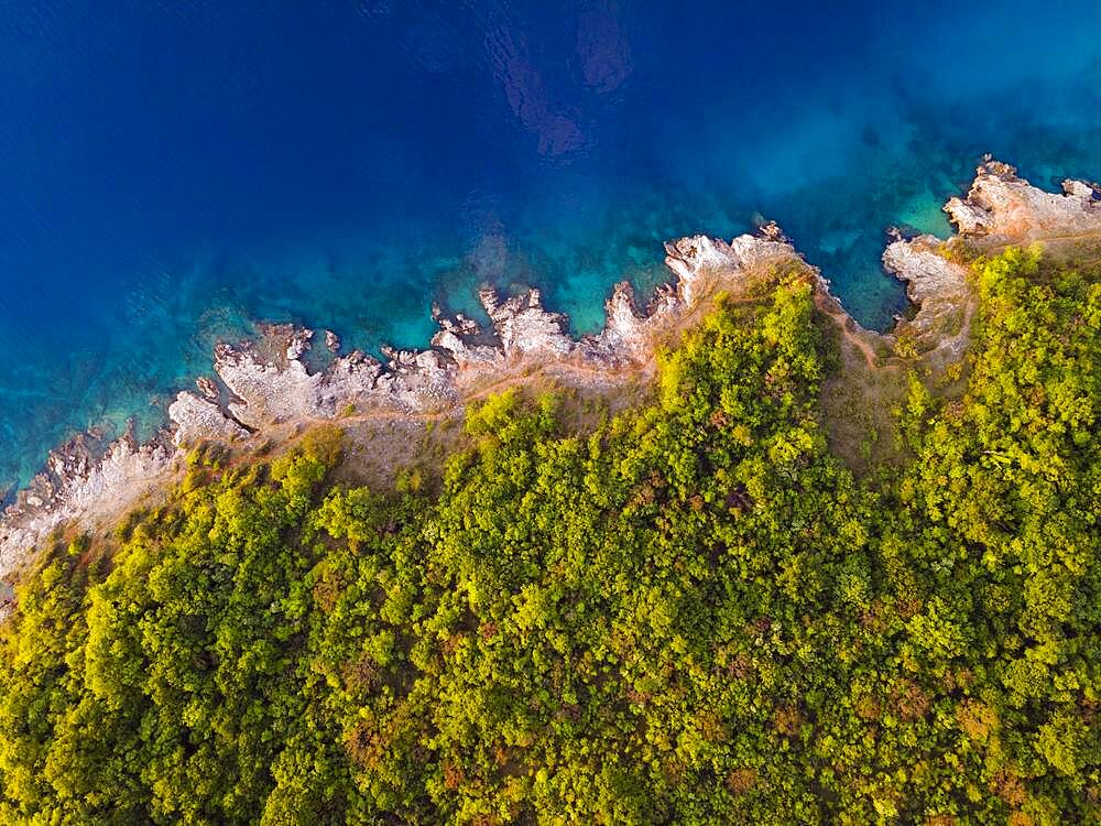 Drone shot, coast near Glavotok, Krk Island, Kvarner Gulf Bay, Primorje-Gorski kotar, Croatia, Europe