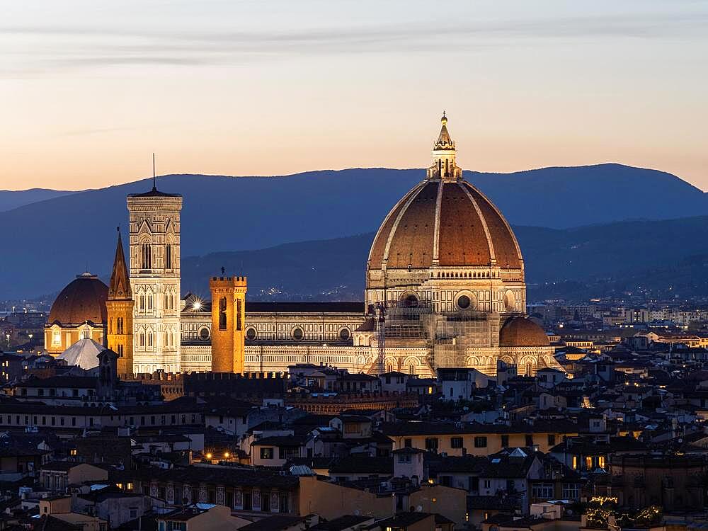 View from Piazzale Michelangelo, Cathedral and Cathedral Santa Maria del Fiore, night view, Florence, Tuscany, Italy, Europe