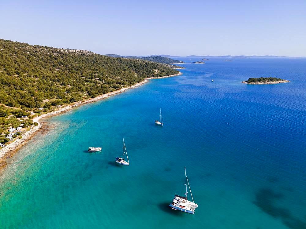 Drone shot, ships in Kosirina Bay, Murter, Murter Island, Dalmatia, Croatia, Europe