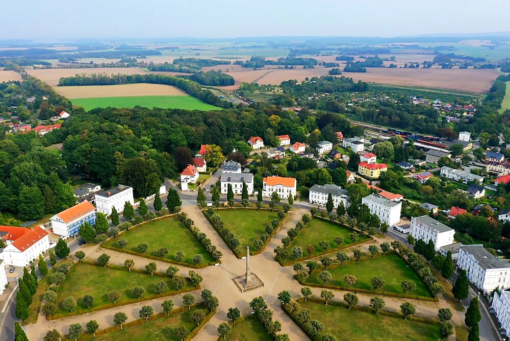 Aerial panorama over Putbus showing the Circus with Obelisk, Ruegen, Mecklenburg-Western Pomerania, Germany, Europe