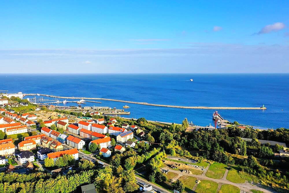 Aerial view of Sassnitz in fine weather. Baltic Sea, Ruegen, Mecklenburg-Western Pomerania, Germany, Europe