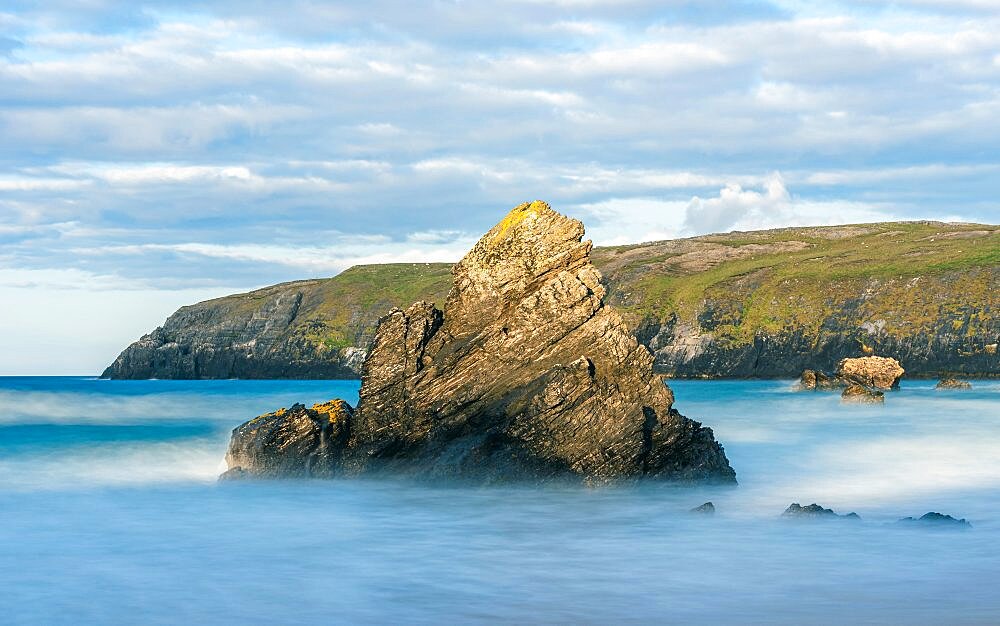 Rocks on Sango Sands Beach Bay Durness in long exposure, Lairg, NC500, Scotland, UK