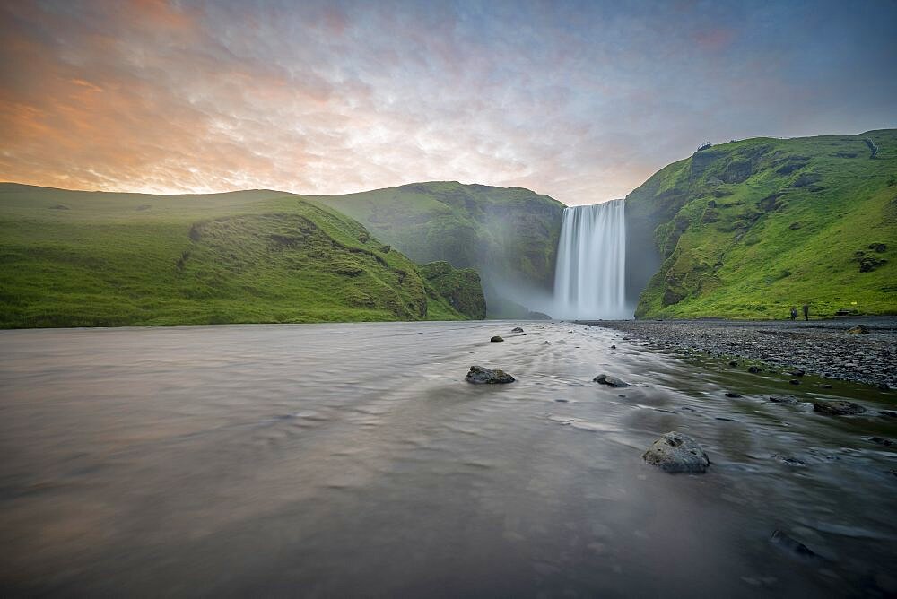 Long exposure, Skoga river, Skogafoss waterfall, atmospheric sunset, South Iceland, Iceland, Europe