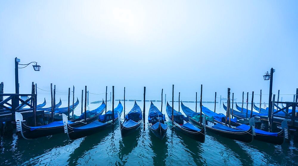 Gondola harbour in the morning mist at St Mark's Square, Venice, Italy, Europe