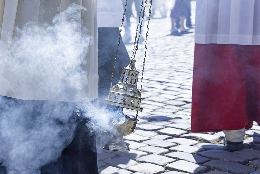 Incense waving altar boys during the Corpus Christi procession, Cologne, North Rhine-Westphalia, Germany, Europe