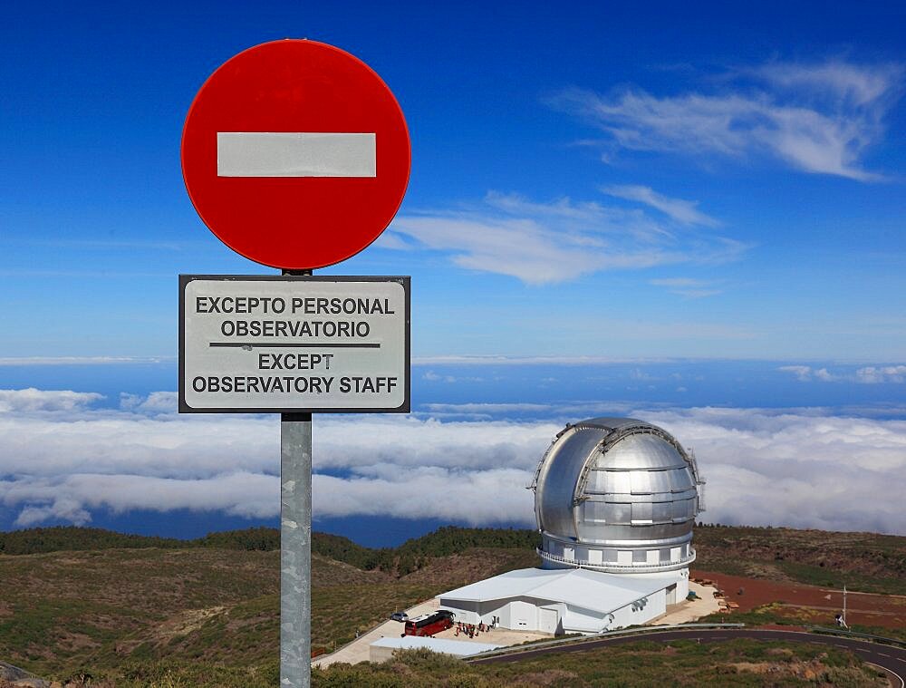 Roque de los Muchachos Observatory, La Palma Astrophysical Observatory, the Grand Telescopio Canarias (GTC) and sign, no passing, La Palma, Canary Island