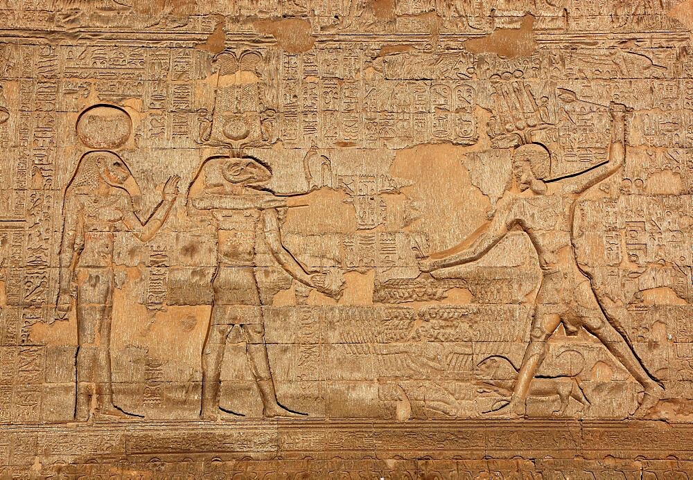 Temple of Chnum, wall relief, part of the temple complex in the city of Esna, Egypt, Africa