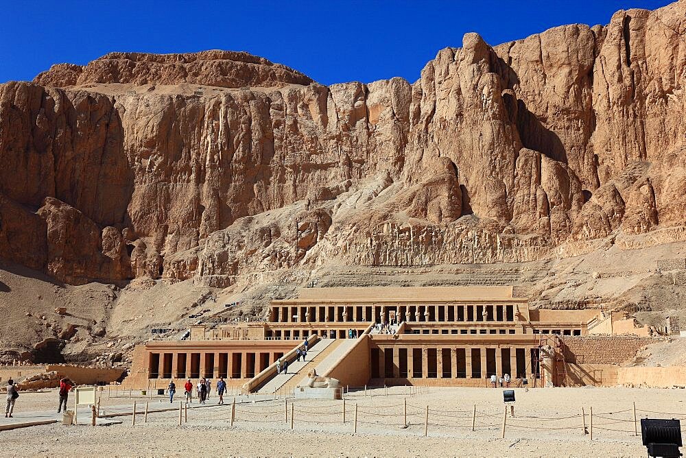 The funerary temple of the first female pharaoh Hatshepsut, Hatshepsut Temple at Deir el-Bahari on the west bank of the Nile in Thebes, Egypt, Africa