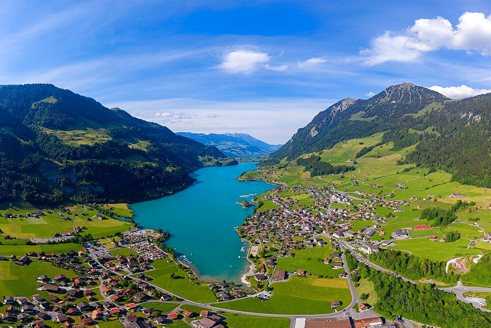 Aerial view of Lake Lunger with the village of Lungern in the canton of Obwalden, Switzerland, Europe