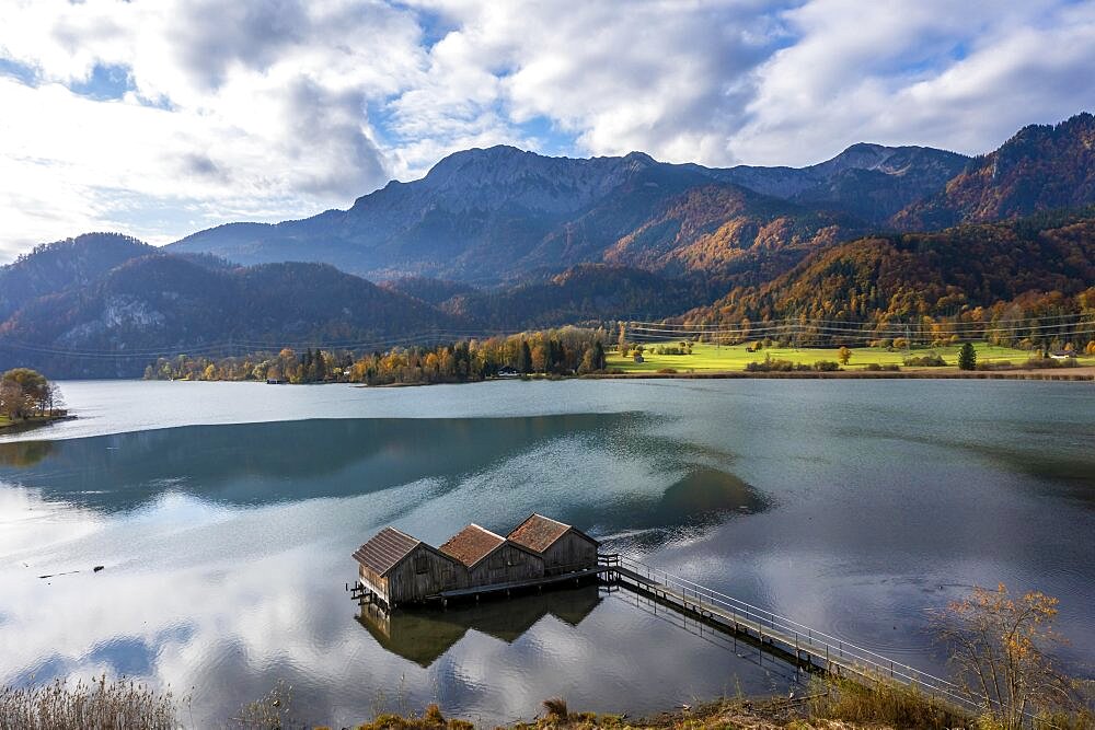 Aerial view, boathouses at Lake Kochel in autumn, jetty, alpine foreland, Lake Kochel, Bavaria, Germany, Europe