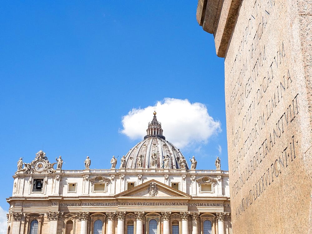 Inscription on an obelisk, behind dome of St. Peter's Basilica, Vatican, Rome, Lazio, Italy, Europe