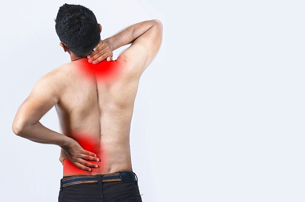 Neck and back pain concept, People with neck and back muscle pain, Close up of man with neck and back pain, a man with muscle pain on isolated background