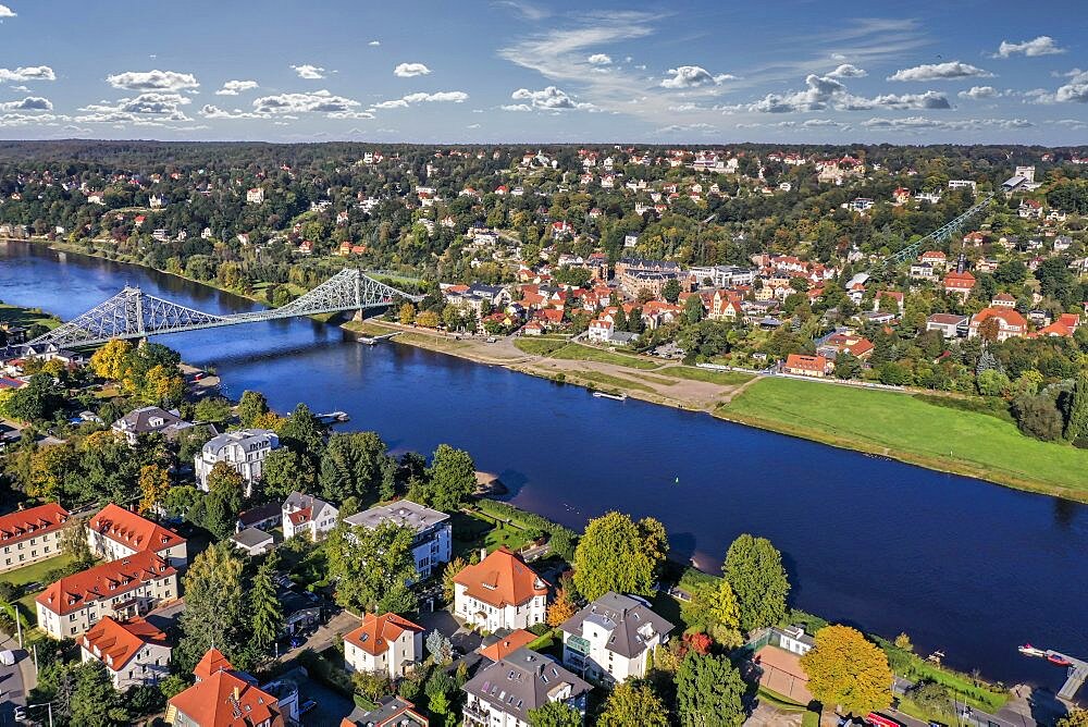 Drone photo, drone shot, Elbe, bridge, Blue Wonder, Elbe Florence, view of Loschwitz, sunshine, blue sky, suspension railway, Elbe castles, Elbe meadows, Elbe cycle path, Blasewitz, Dresden, Saxony, Germany, Europe