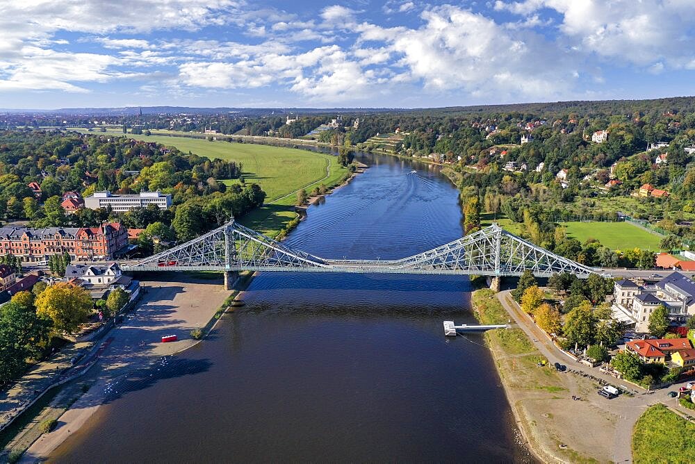 Drone photo, drone shot, Elbe, bridge, Blue Wonder, Elbe Florence, view of Loschwitz, sunshine, blue sky, Elbe castles, Elbe meadows, Elbe cycle path, Blasewitz, Dresden, Saxony, Germany, Europe