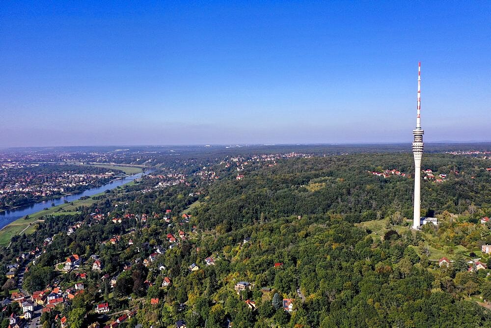 Drone photo, drone shot, Loschwitz district, wide view of the Elbe, blue sky, close-up of the TV tower, Dresden, Saxony, Germany, Europe