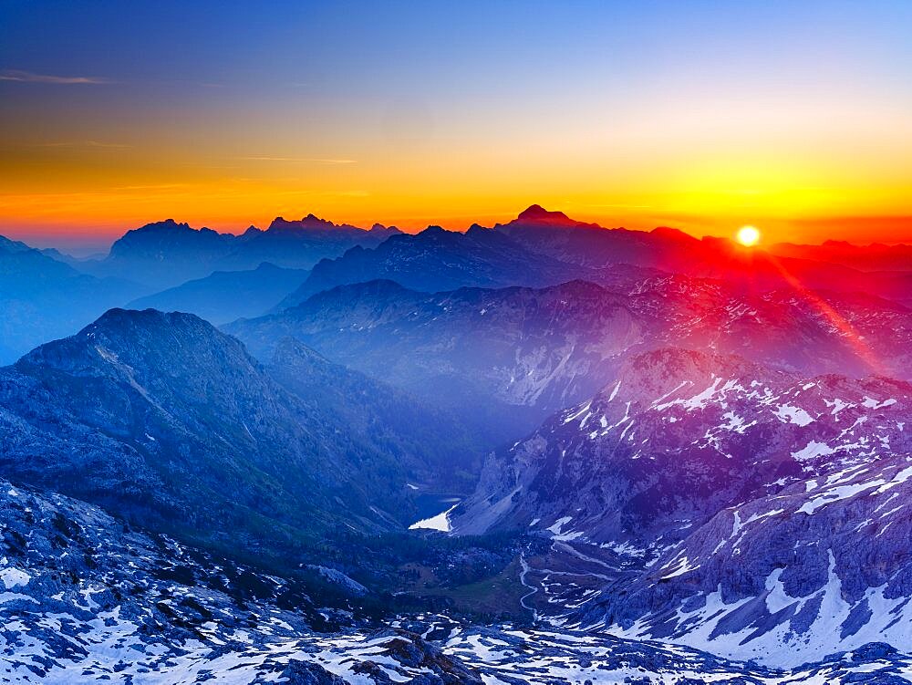 Sunrise on the summit of Krn, 2. 244m, centred on Mount Triglav, Triglav National Park, Julian Alps, Slovenia, Europe