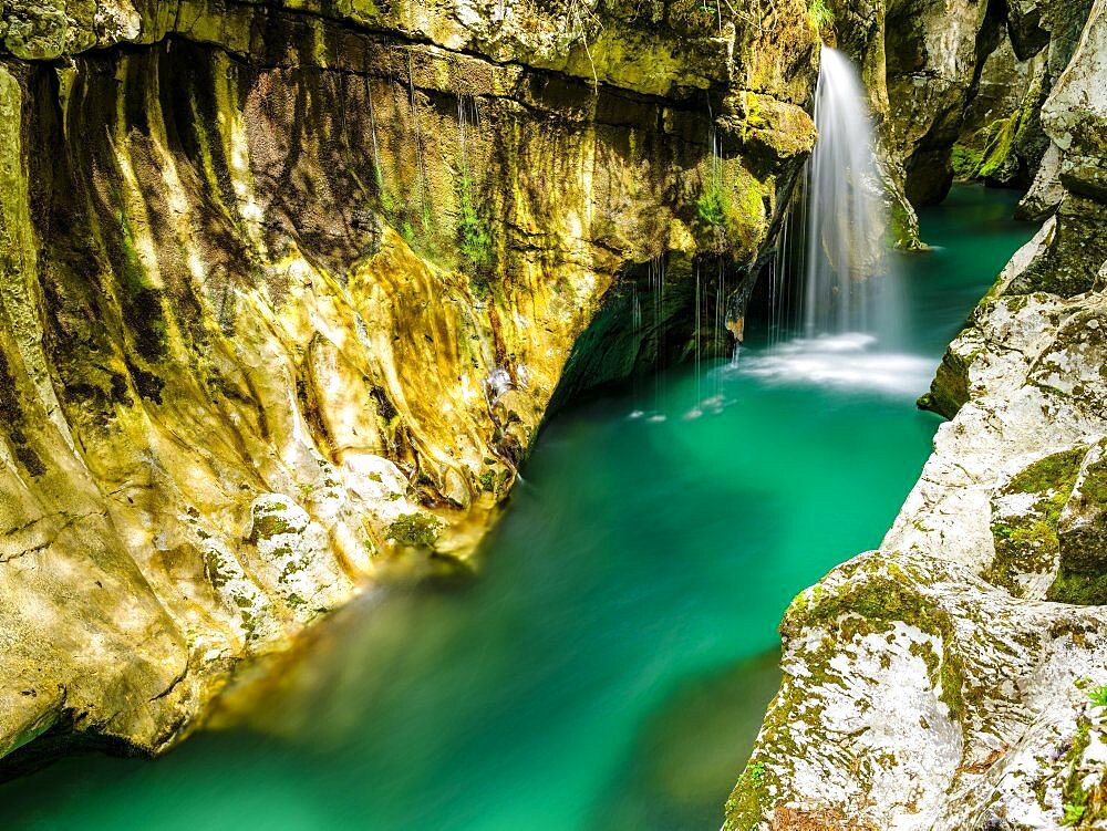 River Soca flows through narrow canyon, Soca Valley, Triglav National Park, Bovec, Slovenia, Europe