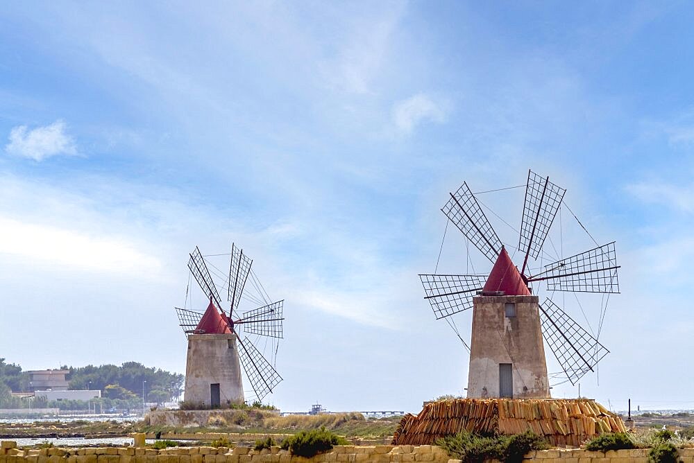 Windmills, Marsala Salt Works, Trapani Province, Sicily, Italy, Europe