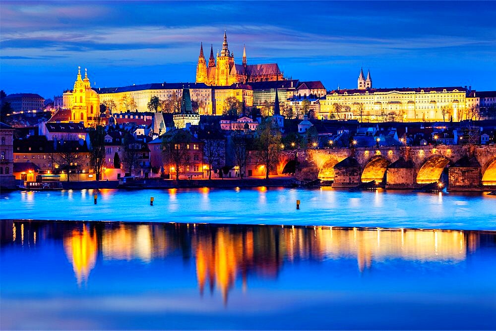 Travel Prague Europe concept background, view of Charles Bridge and Prague Castle in twilight. Prague, Czech Republic, Europe