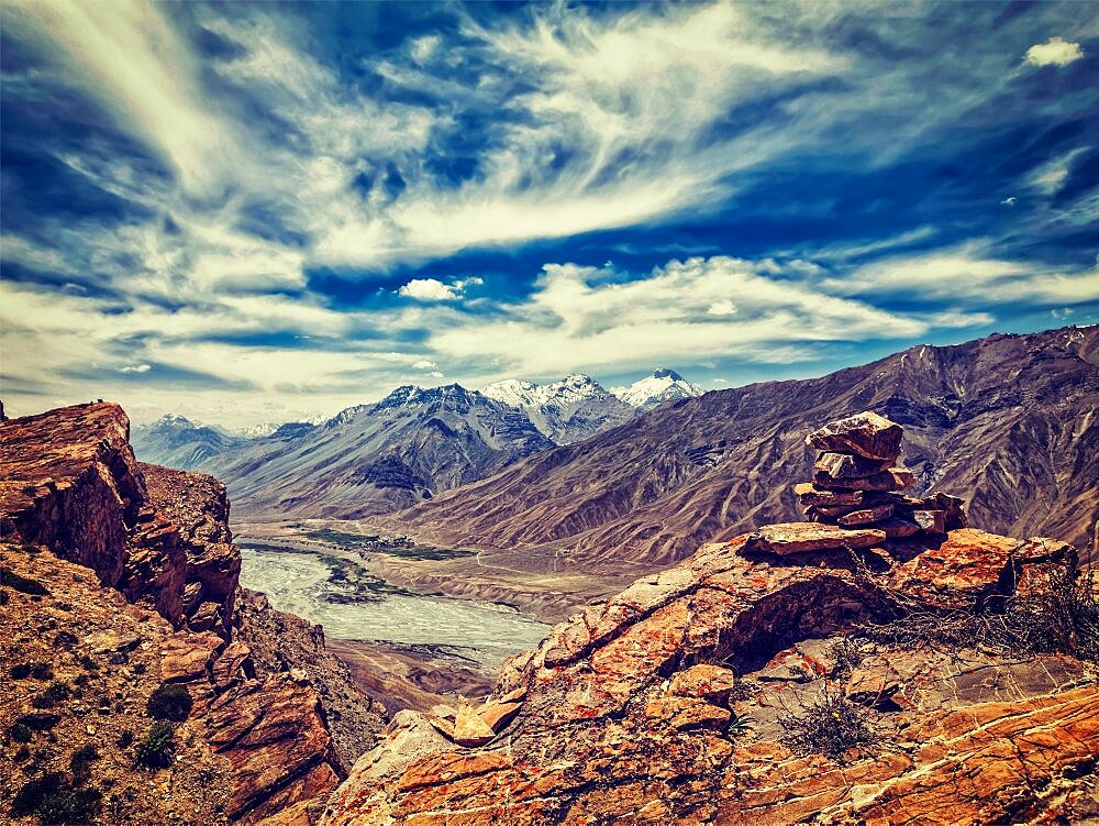 Vintage retro effect filtered hipster style image of Spiti valley in Himalayas. Spiti valley, Himachal Pradesh, India, Asia