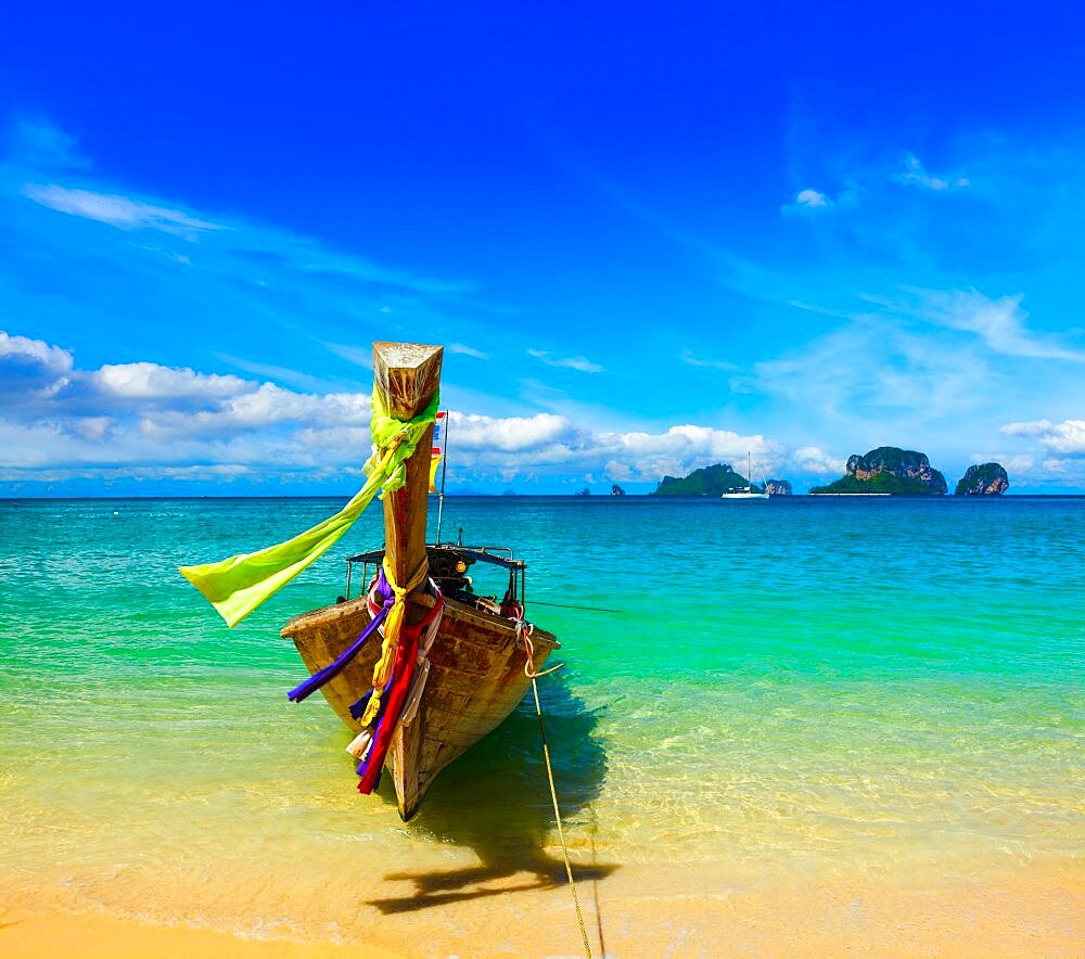 Long tail boat on tropical beach, Krabi, Thailand, Asia