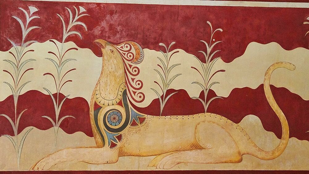 Griffin fresco, Palace of Knossos, Heraklion, Central Crete, Island of Crete, Greece, Europe