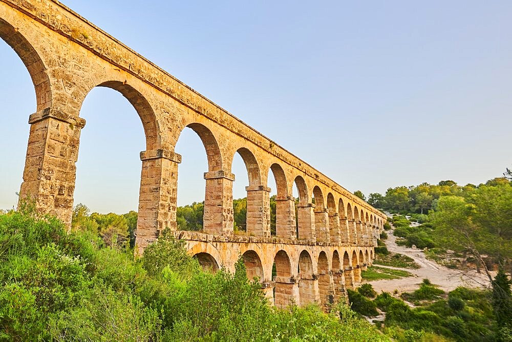 Old roman aqueduct, Aqueeducte de les Ferreres, Devil's Bridge, Pont del Diable, Catalonia, Spain, Europe