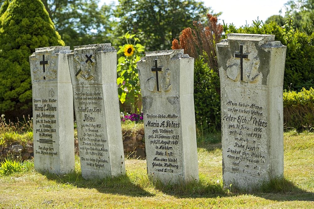 Old gravestones, cemetery, Nieblum, Foehr Island, North Frisia, Schleswig-Holstein, Germany, Europe