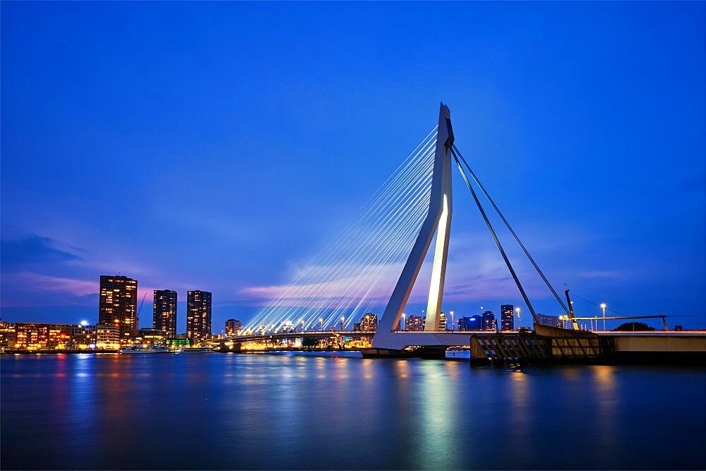 Erasmus Bridge (Erasmusbrug) and Rotterdam skyline illuminated at night. Rotterdam, Netherlands