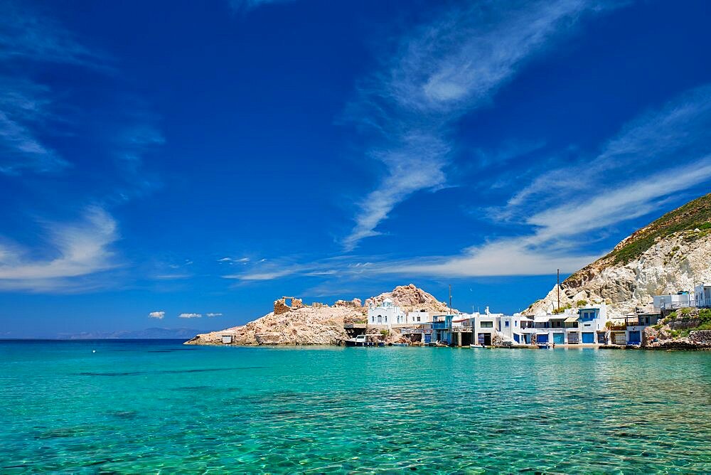 Greek village scenic picturesque view in Greece, the beach and fishing village of Firapotamos in Milos island, Greece, Europe