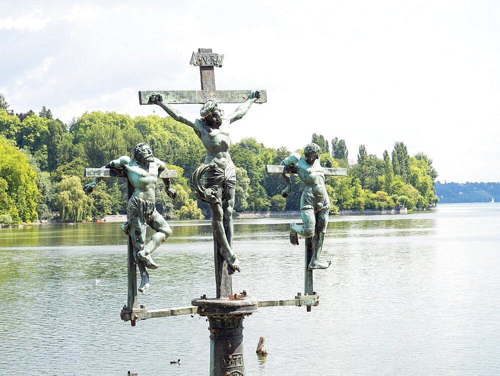 Swedish cross, crucifixion group at the entrance to Mainau Island, Lake Constance, Baden-Wuerttemberg, Germany, Europe