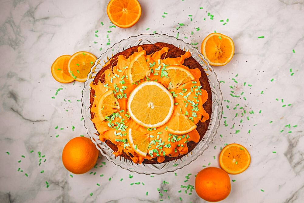 Orange cake, oranges (Citrus sinensis), autumn atmosphere, from above