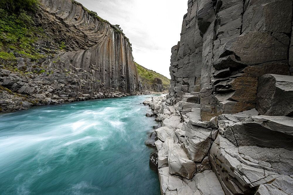 Stuolagil Canyon, turquoise river between basalt columns, Egilsstadir, Iceland, Europe