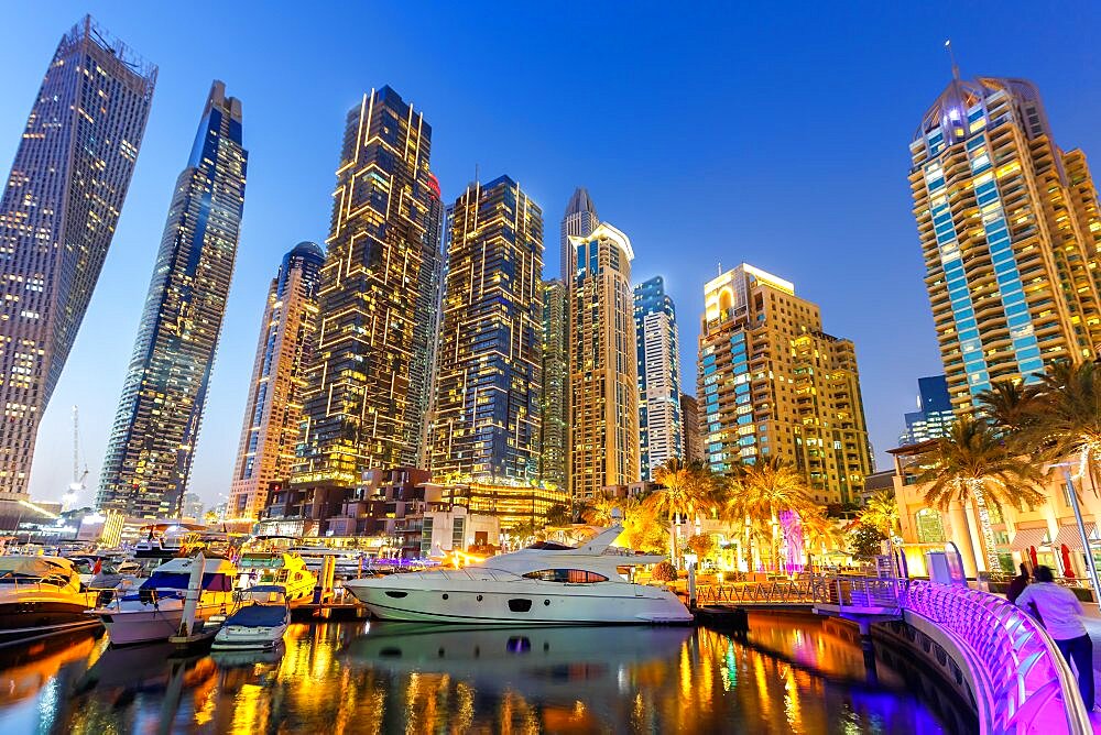 Dubai Marina Yacht Harbour Skyline Architecture Vacation by Night Panorama in Dubai, United Arab Emirates, Asia