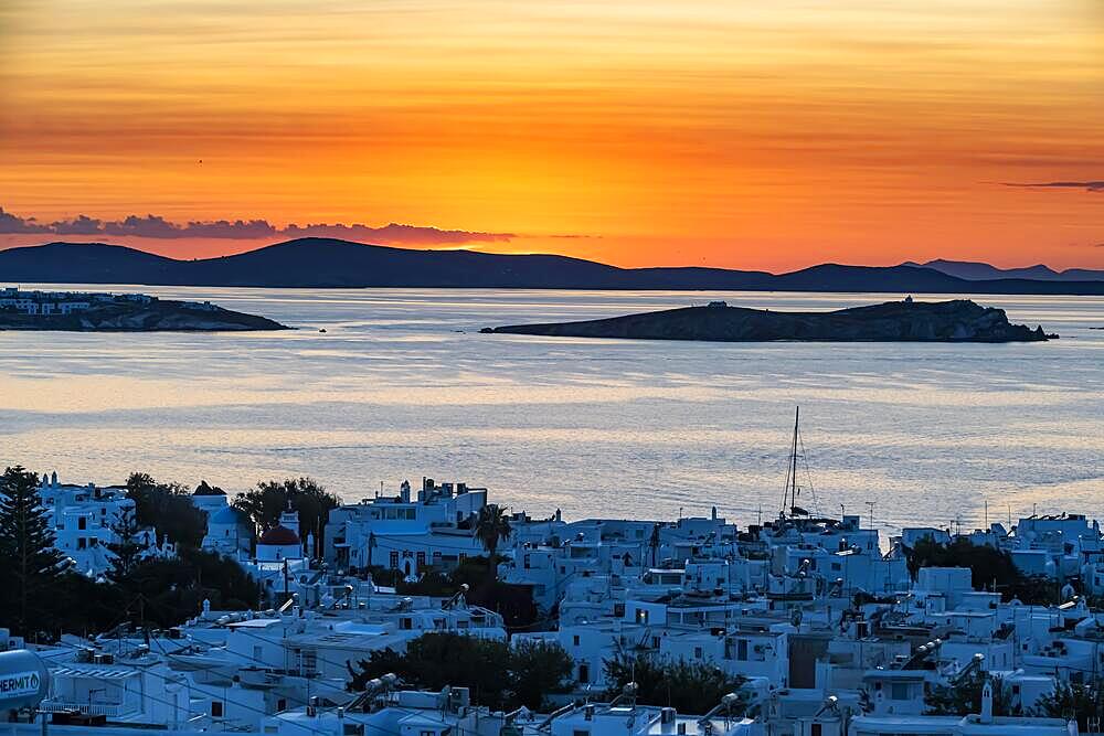 Sunset over Horta, Mykonos, Greece, Europe