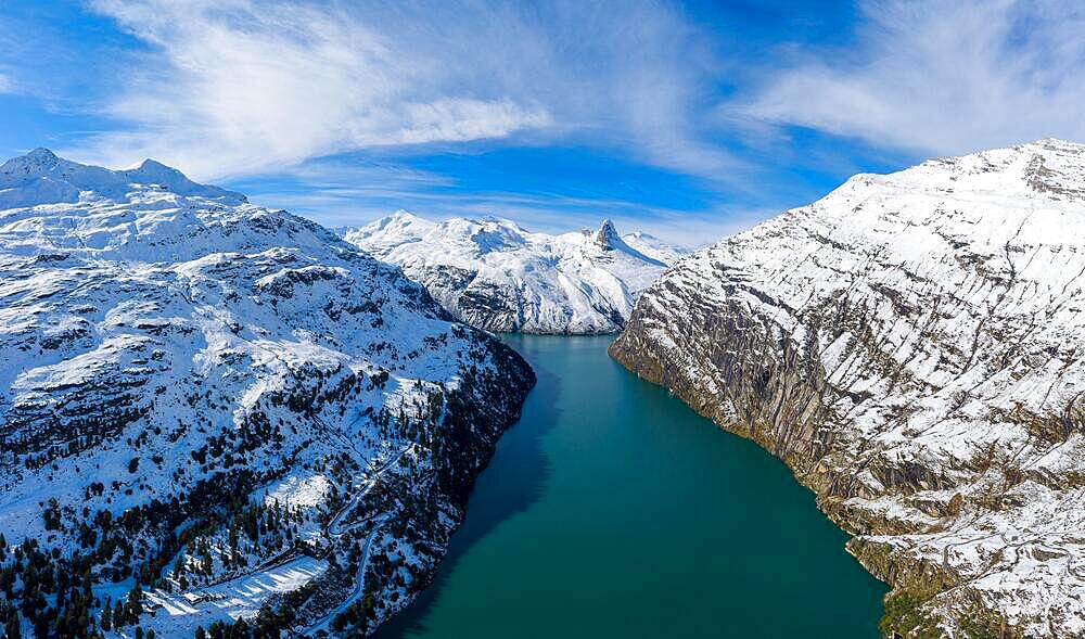 Aerial view over the Zervreila reservoir with the Zervreilahorn in the background, Valsertal, Canton Graubuenden, Switzerland, Europe