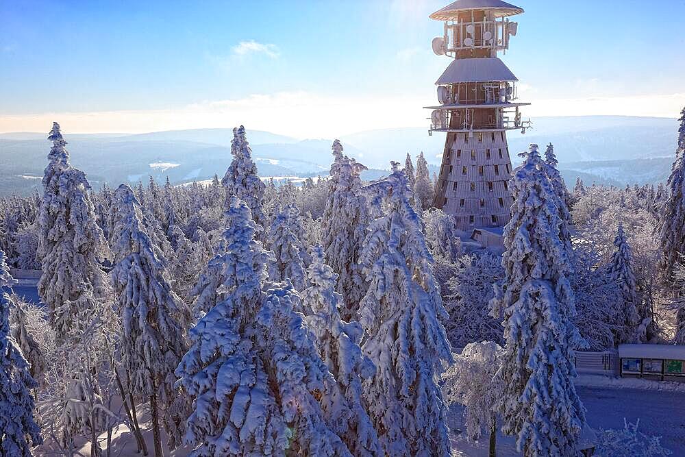 Winter landscape in the Fichtel Mountains, view from the Ochsenkopf, Bayreuth County, Upper Franconia, Bavaria, Germany, Europe