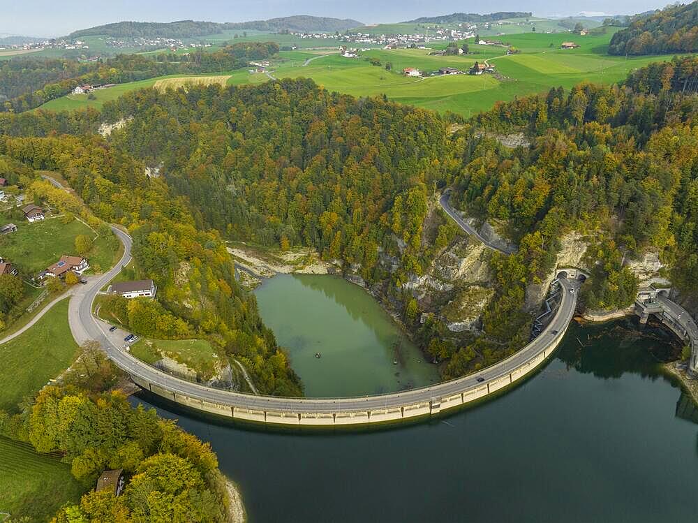 Dam on Lac de Gruyere, Lake Gruyere, reservoir, aerial view, Rossens, Fribourg, Switzerland, Europe