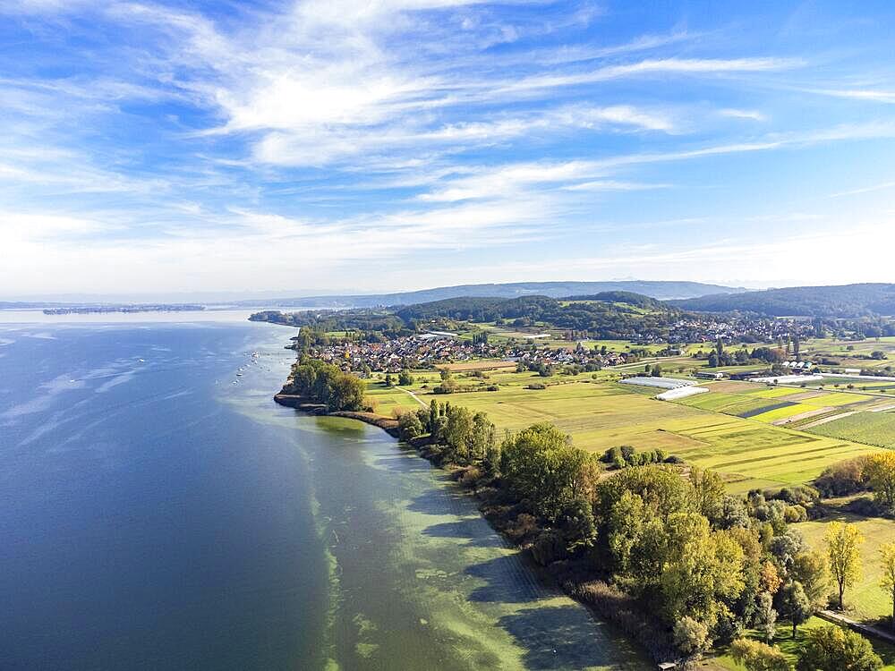 Aerial view of the Hoeri peninsula with the Lake Constance municipality of Iznang, on the left on the horizon the island of Reichenau, Constance district, Baden-Wuerttemberg, Germany, Europe