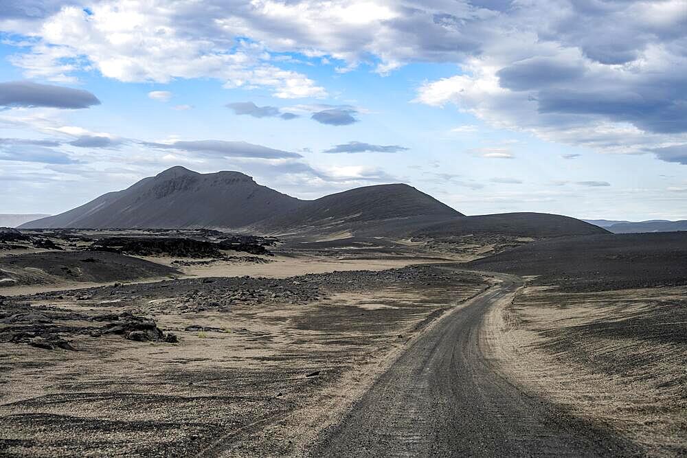 Track through volcanic landscape, barren landscape, Vatnajoekull National Park, Icelandic Highlands, Iceland, Europe