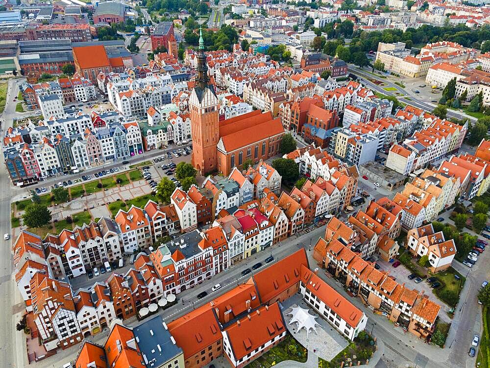 Drone shot, St. Nicholas Church and town, Elblag, Elblag, Warmia-Masuria Voivodeship, Poland, Europe