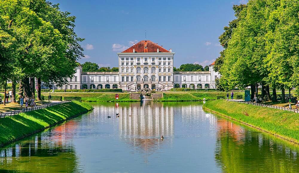 Palace Garden Canal with the City Side of Nymphenburg Palace, Munich, Upper Bavaria, Bavaria, Germany, Europe